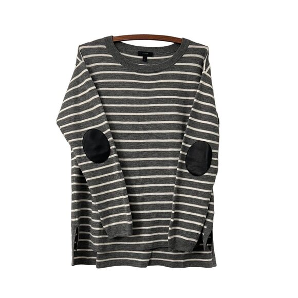 J Crew Merino Wool Gray White Striped Elbow Patch Tunic Sweater Size Large - Picture 1 of 6